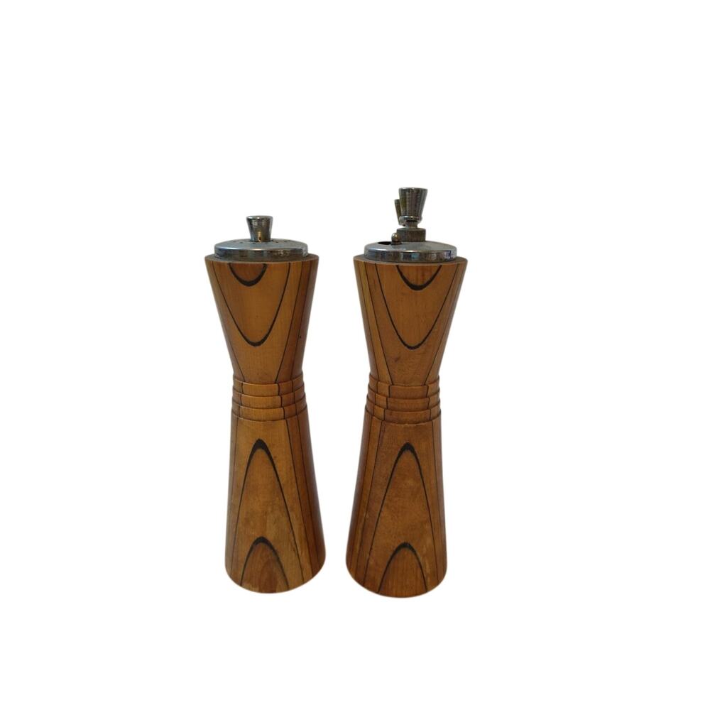 Vintage Woodpecker Woodware Japan Salt Shaker and Pepper Mill MCM Metal Tops